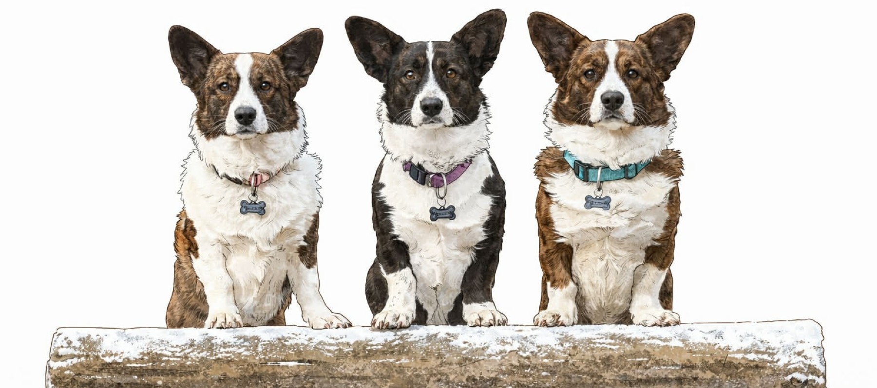 Illustrasjon 3 corgie1800_799 Tre hunder som står på en benk.